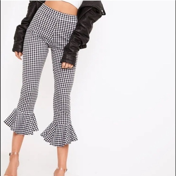 DESIGN LAB by LORD & TAYLOR Black & White Gingham Checkered Flare Cropped Pants - Picture 4 of 12